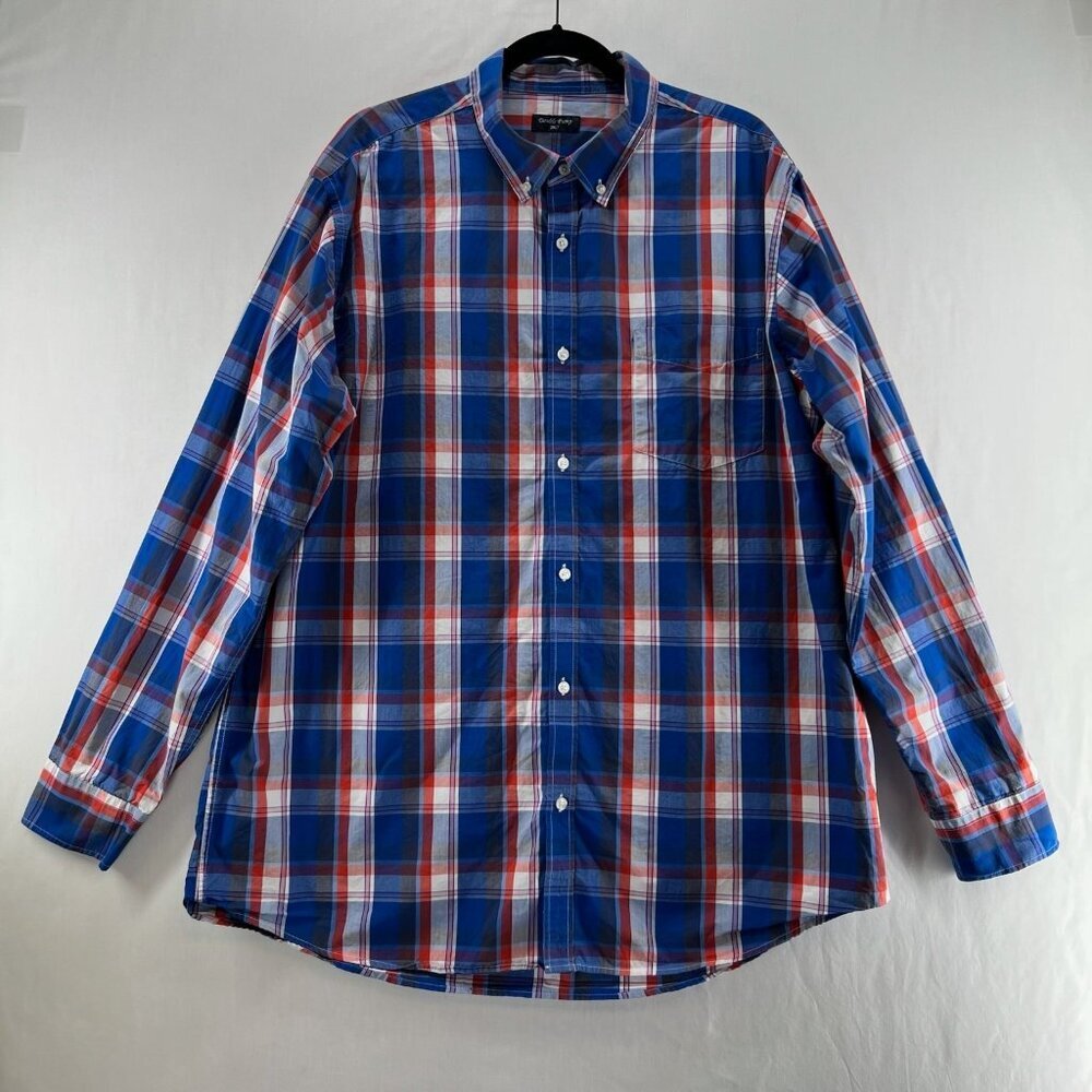 Double Pump Button Down Shirt Mens 2XL Tall Long Sleeve Easy Care Plaid Blue Red
